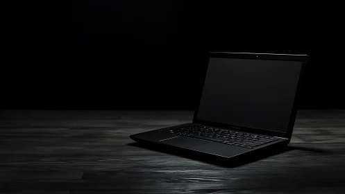 Quiet laptop glow in a calm, minimalist dark workspace.