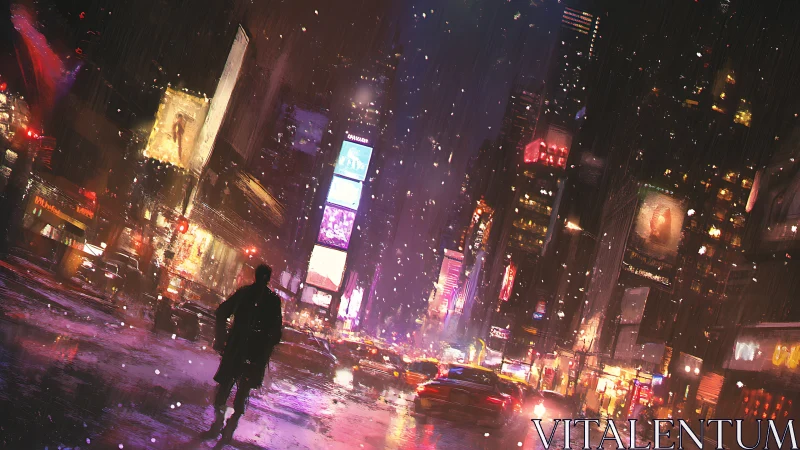 Noir figure crossing neon soaked rain street at night.