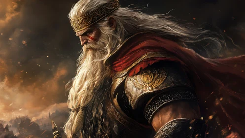 Storm-burnished war king bows beneath an ember-choked sky