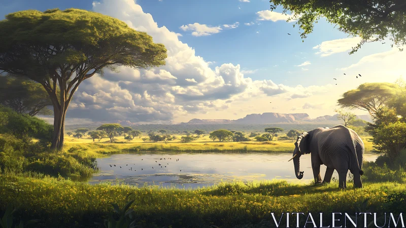 Sunlit savanna watering hole with grazing elephant in profile