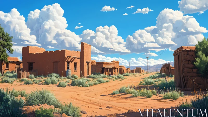 Desert adobe ghost town under towering cumulus clouds.