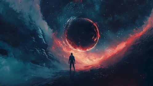 Lone wanderer meets a burning eclipse in cosmic tempest skies.