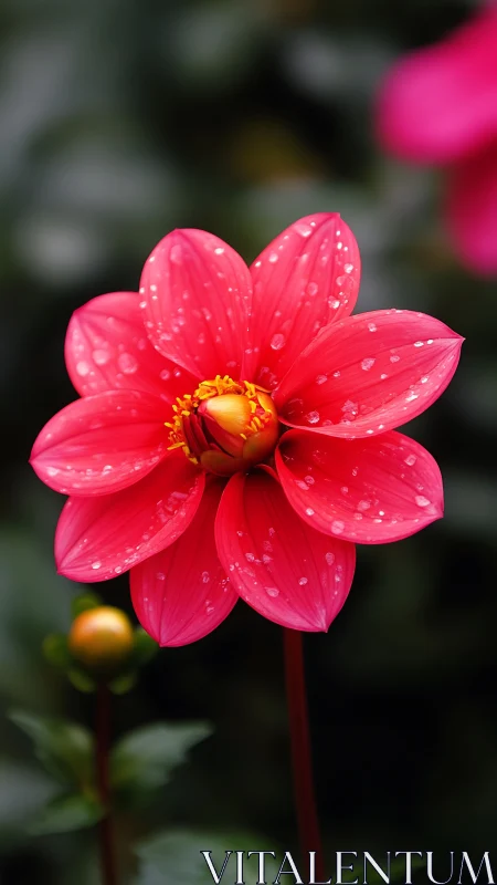 Vibrant Dahlia with Dewdrops Against Dark Garden Setting.