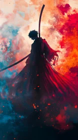 Lone samurai silhouette divides chaos of fire and storm.