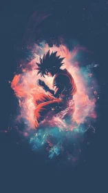 Quiet anime warrior resting within swirling cosmic light.