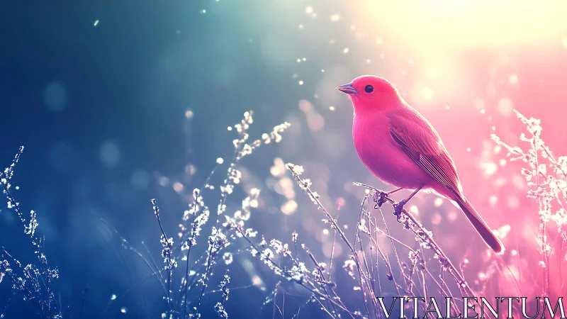 Vibrant pink songbird on glowing grass in dreamy pastel light.