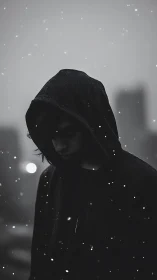 Soft snow settles around a quiet hooded figure at night