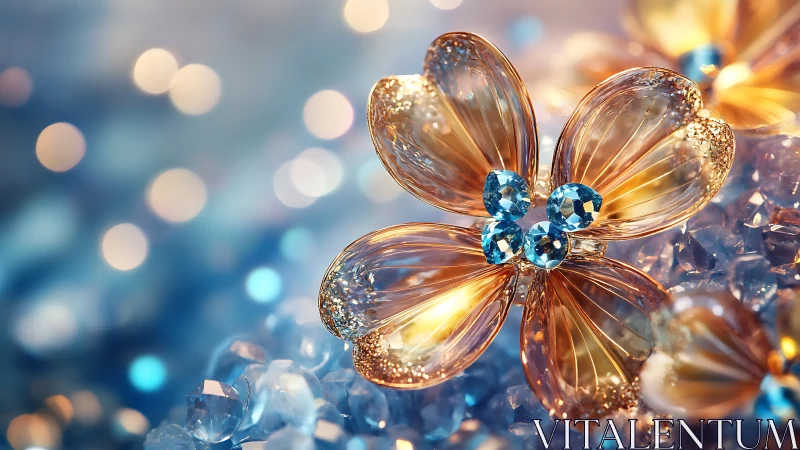 Gold crystal flower jewelry on blue gemstone surface.