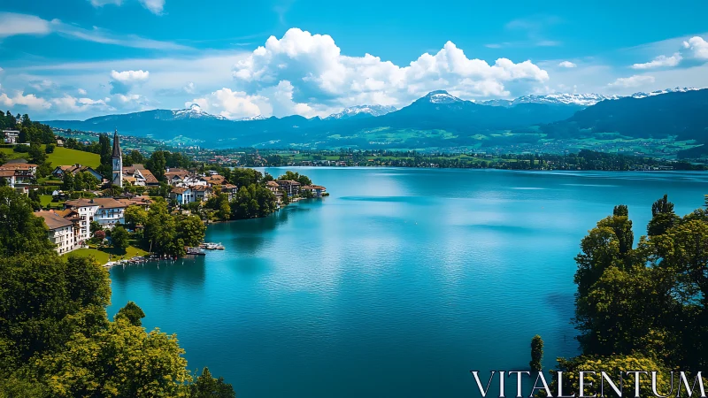 Lakeside village sits beside calm blue water and distant mountains.