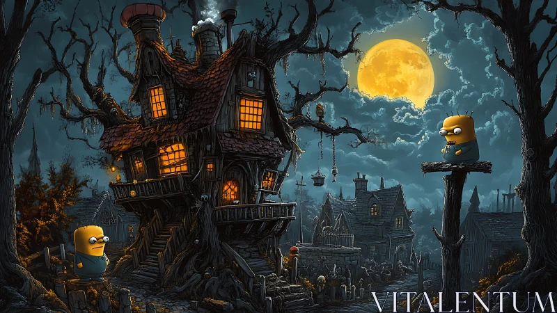 Cartoon figures near crooked house under full moon at night.