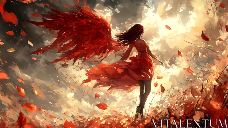 Girl with crimson wings standing in a storm of autumn light.