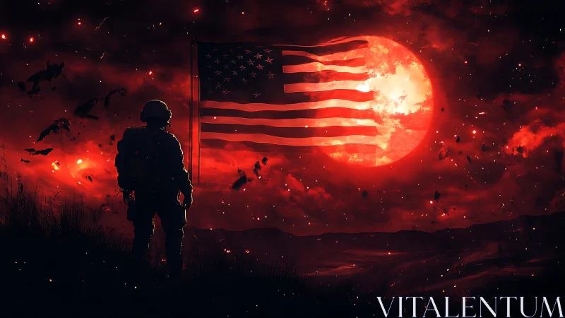 Soldier silhouette before US flag and red lunar backdrop.