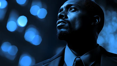 Man in suit gazes upward under deep blue city lights