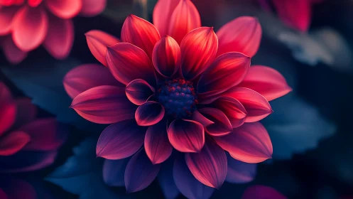Vivid Red Dahlia With Layered Petals Glowing Against Deep Blue