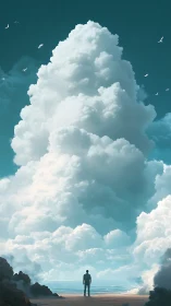 Solitary figure stands before towering vertical cloud mass