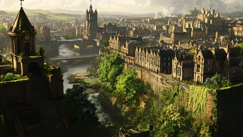 Sunlit riverside city with ivy-clad walls and towers.