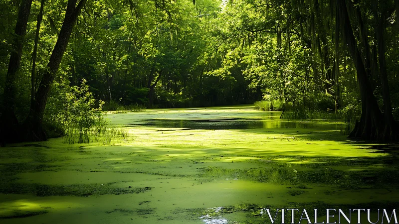 Sunlit Forest Swamp with Green Algae and Lush Vegetation.