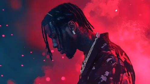 Male profile in colored smoke with reflective accessories.