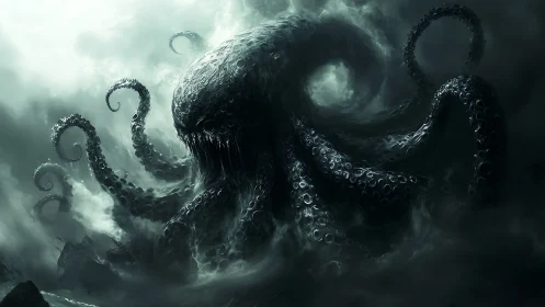 Stormlit sea colossus rising from a swirling black abyss.