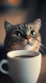 Curious Tabby Cat Gazes Intently at Coffee Cup