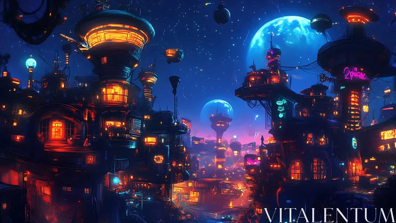 Neon moons cradle a bustling skyport city of glowing towers