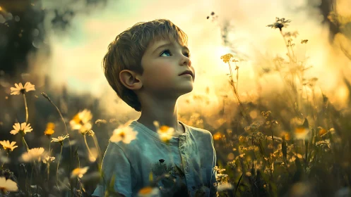 Dreamlit child gazing upward in golden wildflower field.