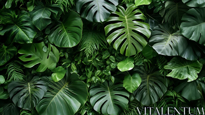 Dense tropical foliage background with layered green leaves.