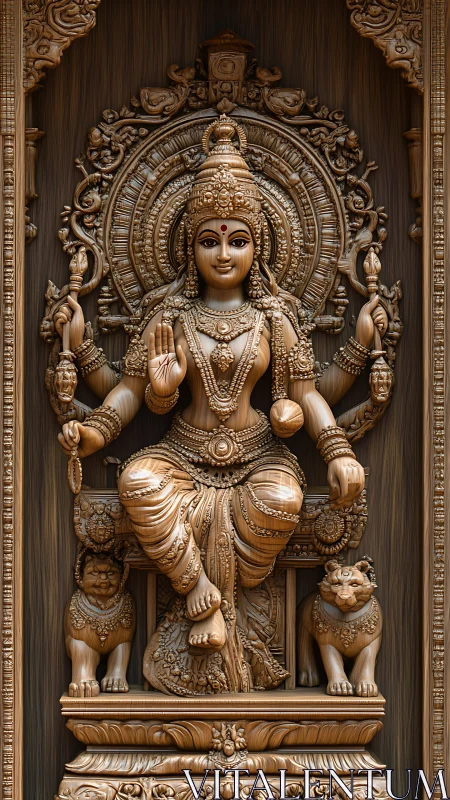Intricate wooden relief sculpture depicts seated Hindu goddess