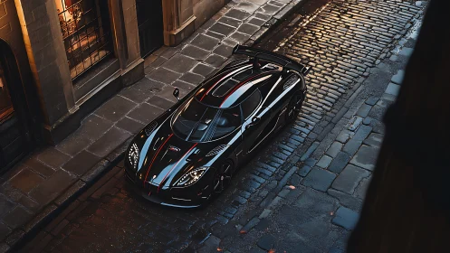 Black hypercar on wet cobblestone street at dusk.