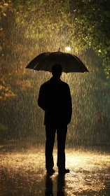 Silhouette of person with umbrella standing in night rain.
