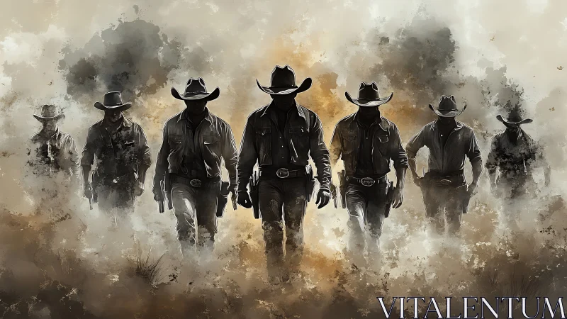 Cowboy posse strides forward through dusty western haze.