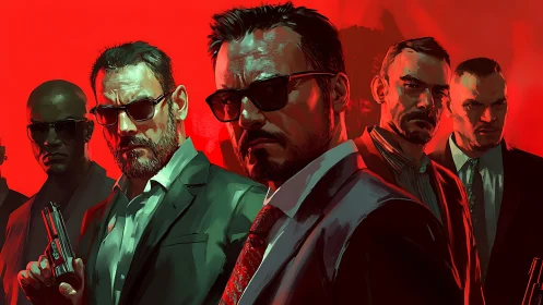 Shadowed suits in a red-lit standoff of quiet intensity.