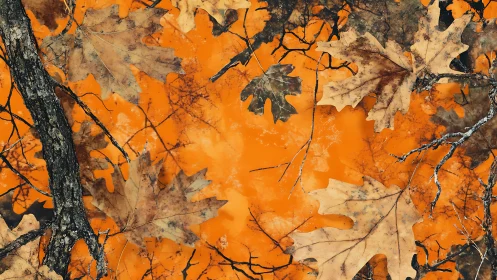Oak leaves and branches over vivid orange forest backdrop.