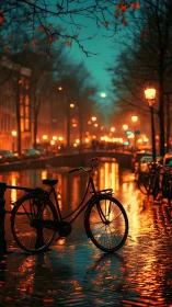 Bicycle on Wet Urban Street at Dusk with Street Lighting
