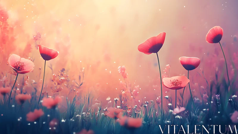 Ethereal Poppy Field Illuminated by Warm Gradient Light.