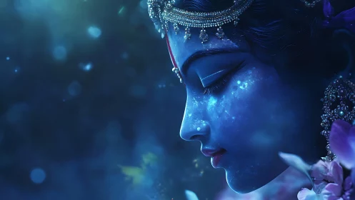 Side profile of jeweled blue deity face in ethereal bokeh glow