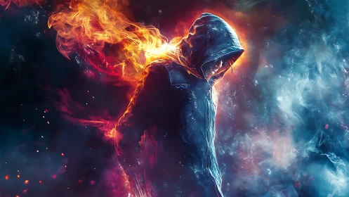 Hooded emberwalker between raging fire and frozen mist.