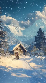 Snowy mountain cabin under falling winter snowflakes.
