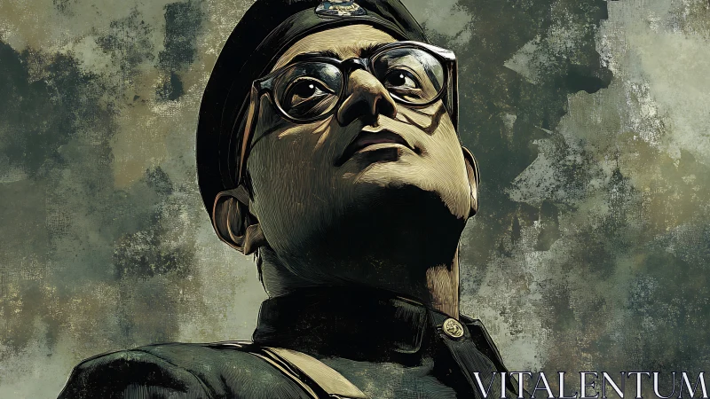 Portrait of uniformed figure in glasses against textured sky.