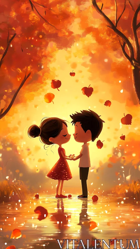 Couple Holding Hands Under Falling Hearts in Glowing Forest