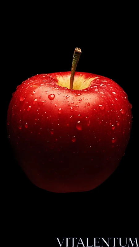 High-contrast macro study of dewy red apple against black void
