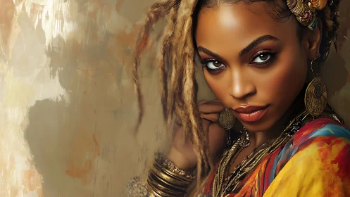 Radiant gaze of bohemian woman in vivid tribal finery.