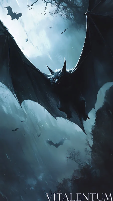 Midnight bat gliding through misty moonlit forest sky.