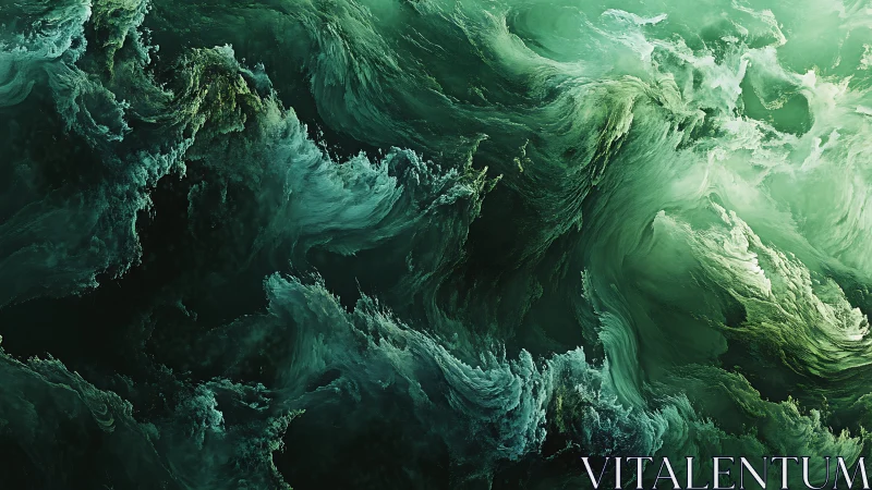 Emerald fractal waves swirl through stormlike abstract sea.