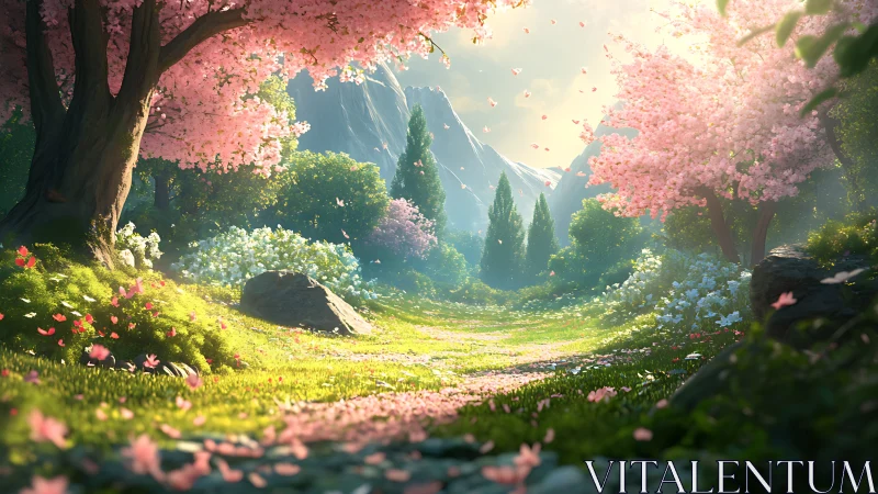 Sunlit blossom valley frames winding path through mountains