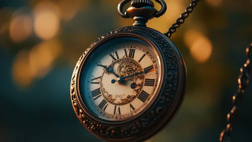 Vintage pocket watch glowing softly in gentle evening light.
