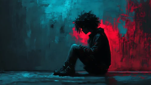 Solitary figure in neon red and teal abstract room.