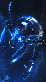Bioluminescent cyber beetle hovers in deep electric blue void