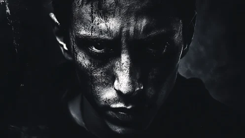 Brooding warrior portrait in gritty high contrast monochrome.