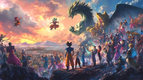 Sunset battle congregation under a roaring celestial dragon.